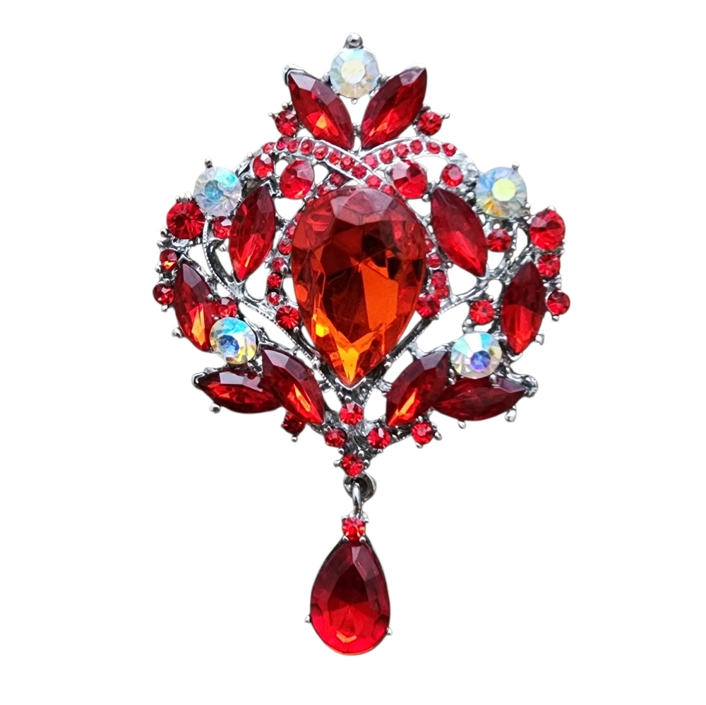 Red Crystal Brooch Silver-tone Statement Blingy Party